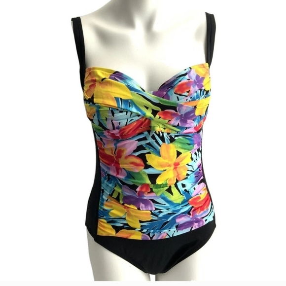LA Blanca Coastal size 8 Front Shirred One Piece Swimsuit Black Floral - Picture 2 of 16
